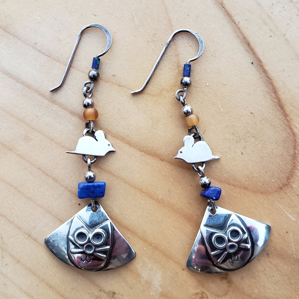Handmade Signed Designer Sterling Silver Cat Earrings